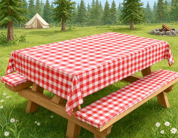 AI-generated illustration of a red and white checkered vinyl tablecloth set with bench covers matching the Camco style