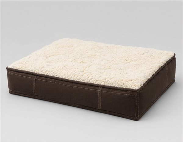 AI-generated illustration of a dark brown canvas duck dog bed with sherpa top matching the Carhartt style