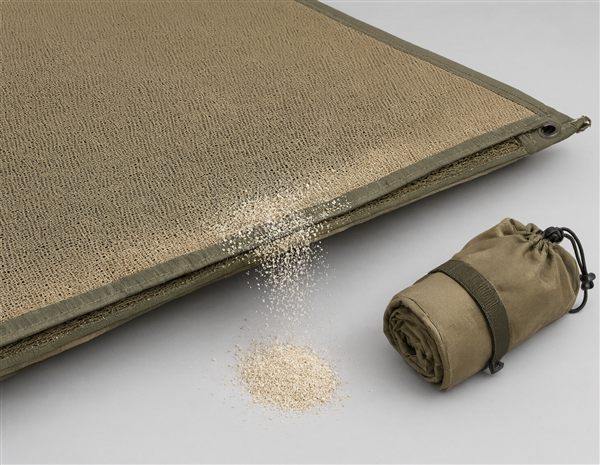 AI-generated illustration of a dual-layer sand-free woven camping mat with carry pouch matching the CGear style