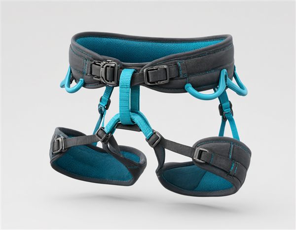 AI-generated illustration of a women's climbing harness matching the Black Diamond Momentum style