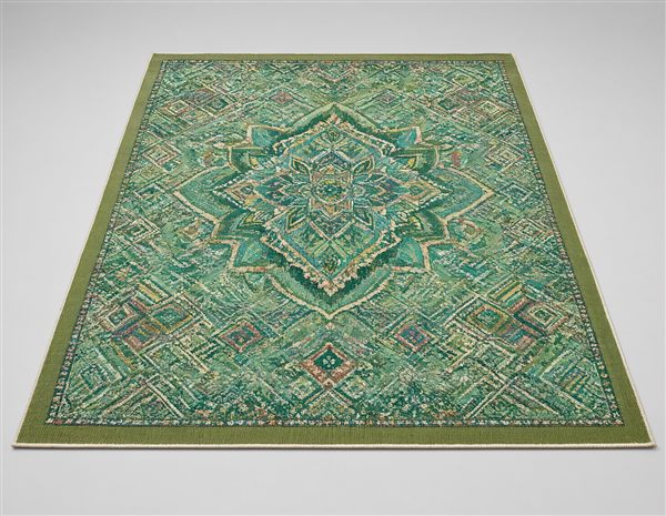 AI-generated illustration of a green boho pattern recycled plastic outdoor rug matching the Fab Habitat Ibiza style