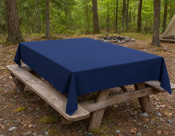 AI-generated illustration of a navy washable polyester camping tablecloth matching the FoxCarr style