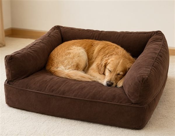 AI-generated illustration of a plush orthopedic bolster dog bed with a sleeping golden retriever matching the Furhaven style