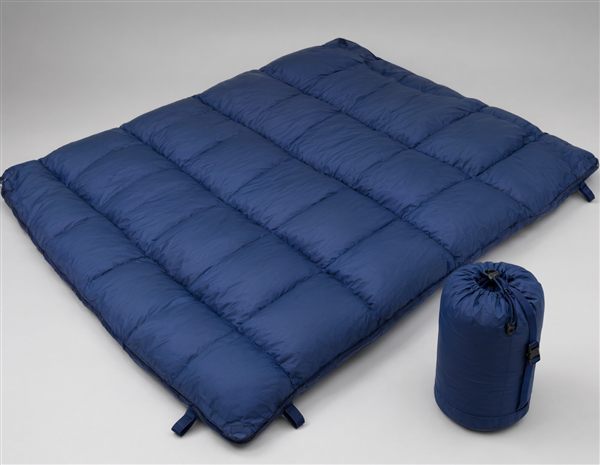AI-generated illustration of a puffy down camping blanket matching the Get Out Gear style