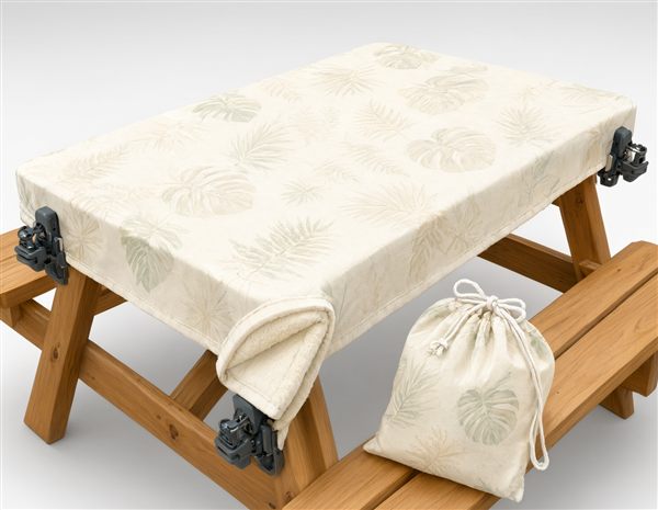 AI-generated illustration of an extra-thick tropical print tablecloth with corner clips and storage bag matching the Jolly Camper style