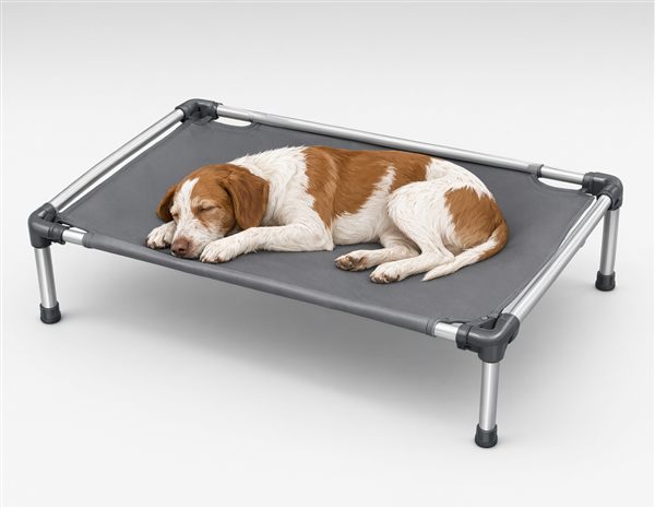 AI-generated illustration of an elevated aluminum-frame dog cot with taut fabric matching the Kuranda style