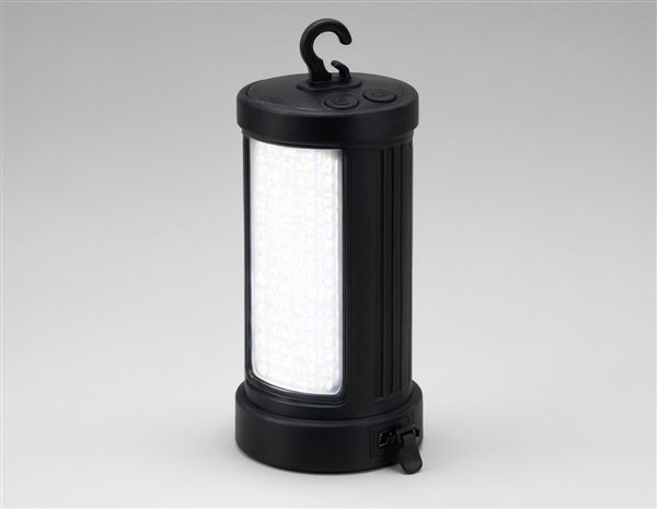 AI-generated illustration of a tall black rechargeable LED camping lantern matching the LE style