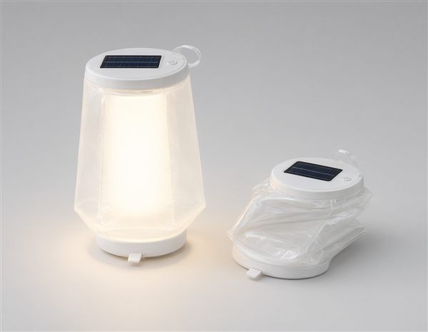 AI-generated illustration of an inflatable solar lantern packed flat and inflated matching the MPOWERD Luci style