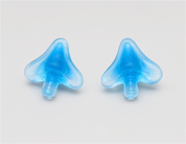 AI-generated illustration of winged silicone swimming ear plugs matching the Mack AquaBlock style