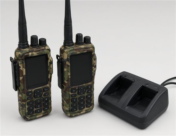 AI-generated illustration of a pair of camo GMRS two-way radios with drop-in charger matching the Midland GXT1050VP4 style
