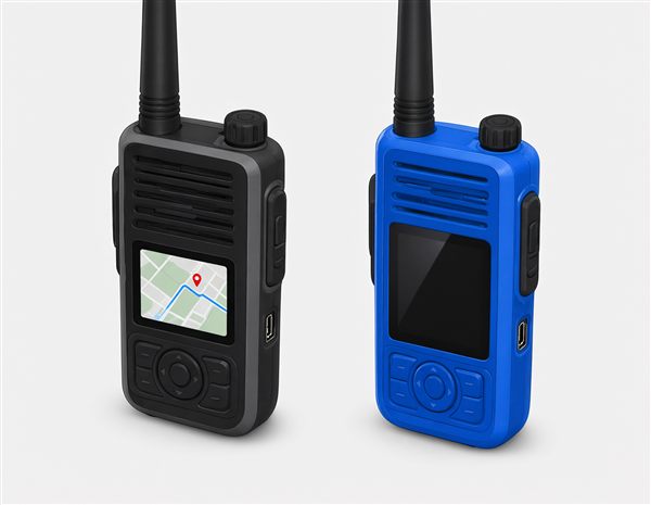 AI-generated illustration of black and blue two-way radios with map-screen display matching the Motorola T800 style