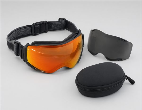 AI-generated illustration of frameless goggles with a spare lens and carry case matching the OutdoorMaster PRO style