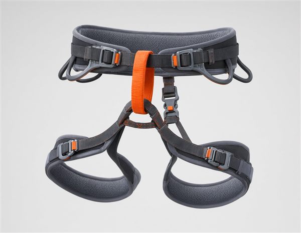 AI-generated illustration of an adjustable women's climbing harness matching the Petzl LUNA style