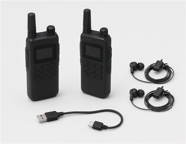 AI-generated illustration of slim compact walkie talkies with earpieces matching the Retevis RT22 style