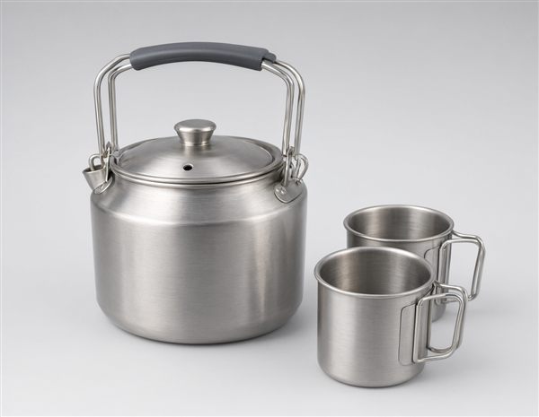 AI-generated illustration of a stainless steel camping kettle with folding handle and two cups matching the Stanley Adventure Cook Set style