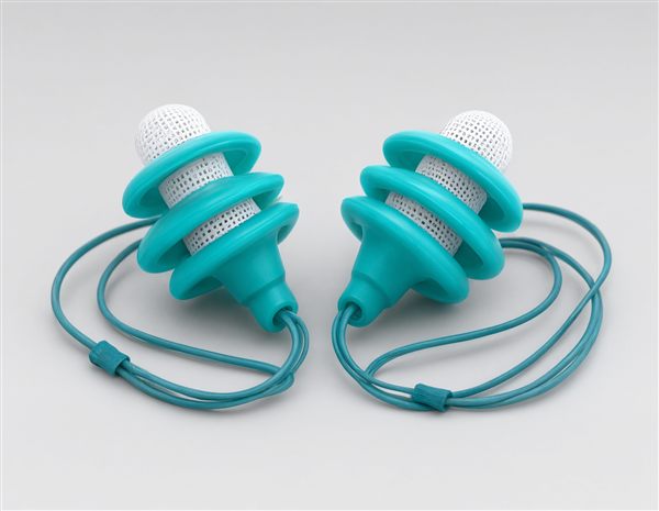 AI-generated illustration of a ventilated leash-corded surf ear plug matching the SurfEars 3.0 style