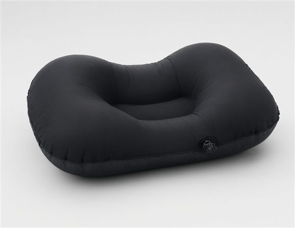 AI-generated illustration of an ergonomic neck-wing inflatable camping pillow matching the Trekology ALUFT style