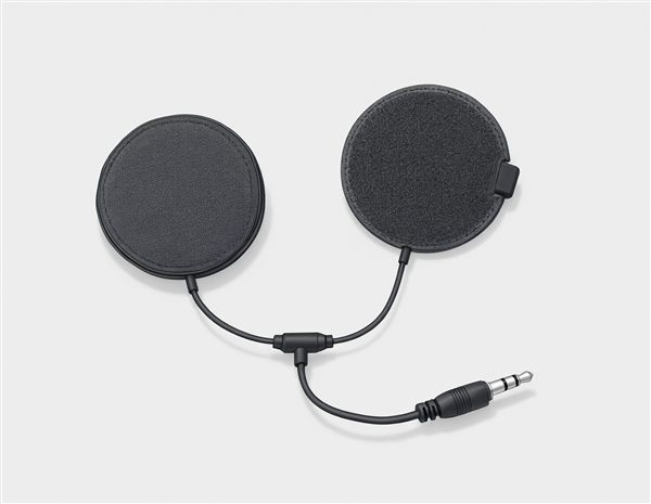 AI-generated illustration of flat wired helmet speakers with 3.5mm jack matching the UCLEAR Digital Pulse style