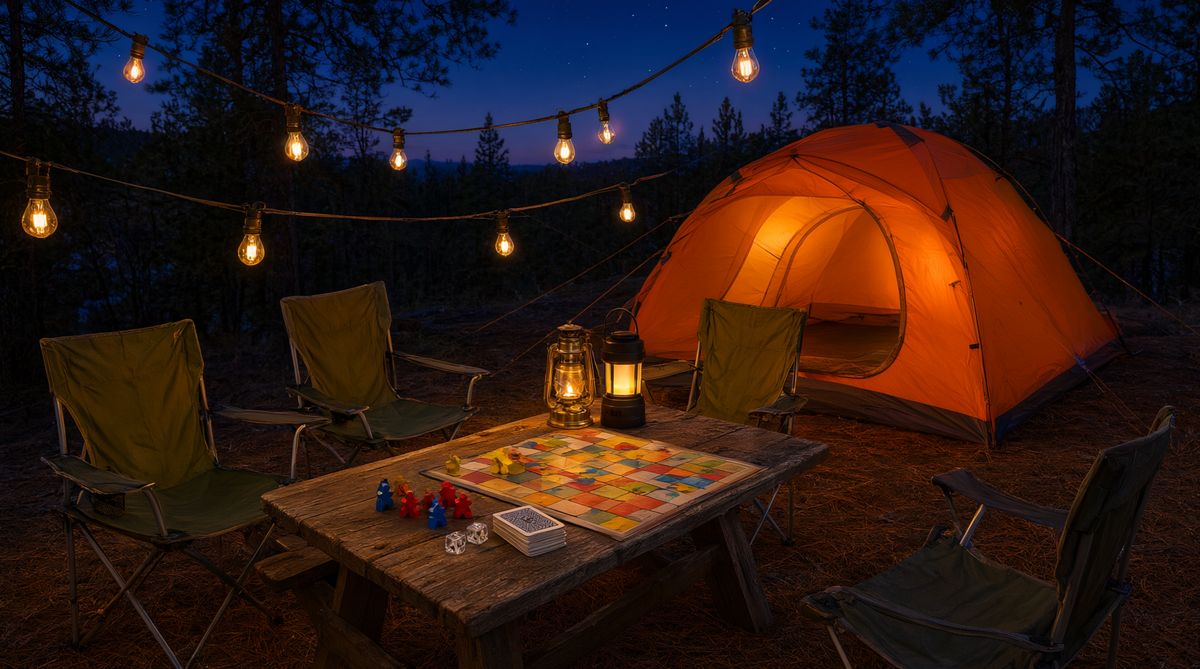 Campsite set up with lanterns, games, and camp comfort items at dusk